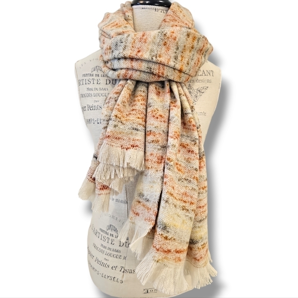 Pretty Persuasion Tan And Orange Frayed Edge Scarf/Wrap - OS - Picture 1 of 6